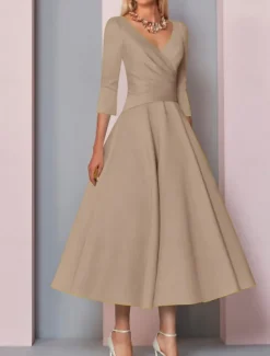 Beach Wedding A-Line Gold Dresses Mother of the Bride Dress Wedding Guest Elegant Vintage Plus Size V Neck Tea Length Satin 3/4 Length Sleeve with Pleats dress to impress free custom size