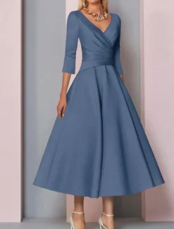 Beach Wedding A-Line Gold Dresses Mother of the Bride Dress Wedding Guest Elegant Vintage Plus Size V Neck Tea Length Satin 3/4 Length Sleeve with Pleats dress to impress free custom size