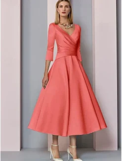 Beach Wedding A-Line Gold Dresses Mother of the Bride Dress Wedding Guest Elegant Vintage Plus Size V Neck Tea Length Satin 3/4 Length Sleeve with Pleats dress to impress free custom size