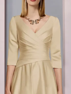 Beach Wedding A-Line Gold Dresses Mother of the Bride Dress Wedding Guest Elegant Vintage Plus Size V Neck Tea Length Satin 3/4 Length Sleeve with Pleats dress to impress free custom size
