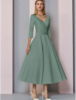 Beach Wedding A-Line Gold Dresses Mother of the Bride Dress Wedding Guest Elegant Vintage Plus Size V Neck Tea Length Satin 3/4 Length Sleeve with Pleats dress to impress free custom size