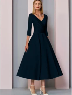 Beach Wedding A-Line Gold Dresses Mother of the Bride Dress Wedding Guest Elegant Vintage Plus Size V Neck Tea Length Satin 3/4 Length Sleeve with Pleats dress to impress free custom size