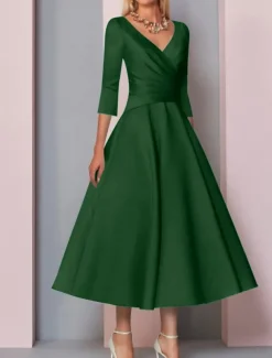 Beach Wedding A-Line Gold Dresses Mother of the Bride Dress Wedding Guest Elegant Vintage Plus Size V Neck Tea Length Satin 3/4 Length Sleeve with Pleats dress to impress free custom size