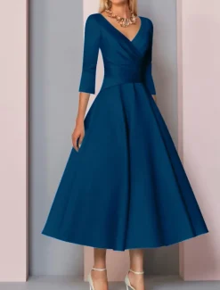 Beach Wedding A-Line Gold Dresses Mother of the Bride Dress Wedding Guest Elegant Vintage Plus Size V Neck Tea Length Satin 3/4 Length Sleeve with Pleats dress to impress free custom size