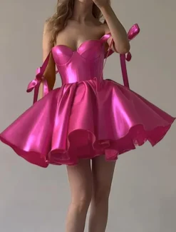 Beach Wedding A-Line Homecoming Dresses Corsets Dress Holiday Graduation Short / Mini Sleeveless Spaghetti StrapDress Satin with Bow(s)