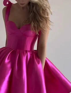 Beach Wedding A-Line Homecoming Dresses Corsets Dress Holiday Graduation Short / Mini Sleeveless Spaghetti StrapDress Satin with Bow(s)