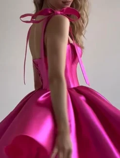 Beach Wedding A-Line Homecoming Dresses Corsets Dress Holiday Graduation Short / Mini Sleeveless Spaghetti StrapDress Satin with Bow(s)