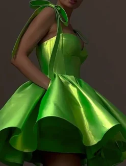 Beach Wedding A-Line Homecoming Dresses Corsets Dress Holiday Graduation Short / Mini Sleeveless Spaghetti StrapDress Satin with Bow(s)