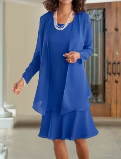 Beach Wedding A-Line Mother of the Bride Dress Wedding Guest Elegant Wrap Included Jewel Neck Knee Length Chiffon Sleeveless with Ruffles Solid Color free custom size