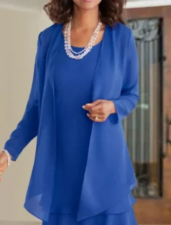 Beach Wedding A-Line Mother of the Bride Dress Wedding Guest Elegant Wrap Included Jewel Neck Knee Length Chiffon Sleeveless with Ruffles Solid Color free custom size