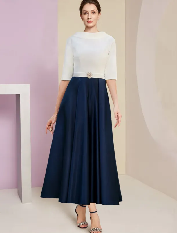 Beach Wedding A-Line Mother of the Bride Dress Wedding Guest Elegant Vintage Jewel Neck Tea Length Charmeuse Half Sleeve with Pleats Crystals free custom size