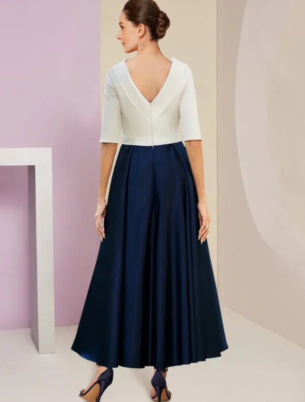 Beach Wedding A-Line Mother of the Bride Dress Wedding Guest Elegant Vintage Jewel Neck Tea Length Charmeuse Half Sleeve with Pleats Crystals free custom size