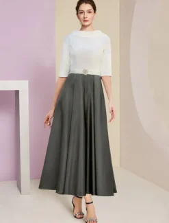 Beach Wedding A-Line Mother of the Bride Dress Wedding Guest Elegant Vintage Jewel Neck Tea Length Charmeuse Half Sleeve with Pleats Crystals free custom size