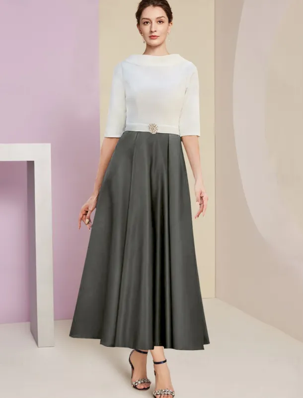 Beach Wedding A-Line Mother of the Bride Dress Wedding Guest Elegant Vintage Jewel Neck Tea Length Charmeuse Half Sleeve with Pleats Crystals free custom size