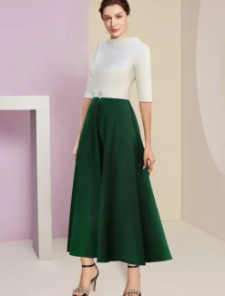 Beach Wedding A-Line Mother of the Bride Dress Wedding Guest Elegant Vintage Jewel Neck Tea Length Charmeuse Half Sleeve with Pleats Crystals free custom size