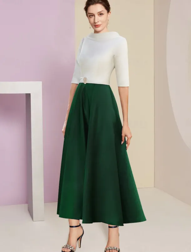 Beach Wedding A-Line Mother of the Bride Dress Wedding Guest Elegant Vintage Jewel Neck Tea Length Charmeuse Half Sleeve with Pleats Crystals free custom size