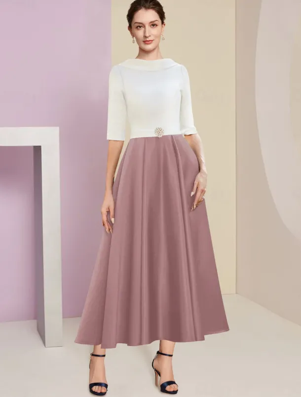 Beach Wedding A-Line Mother of the Bride Dress Wedding Guest Elegant Vintage Jewel Neck Tea Length Charmeuse Half Sleeve with Pleats Crystals free custom size