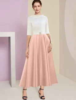 Beach Wedding A-Line Mother of the Bride Dress Wedding Guest Elegant Vintage Jewel Neck Tea Length Charmeuse Half Sleeve with Pleats Crystals free custom size