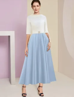 Beach Wedding A-Line Mother of the Bride Dress Wedding Guest Elegant Vintage Jewel Neck Tea Length Charmeuse Half Sleeve with Pleats Crystals free custom size