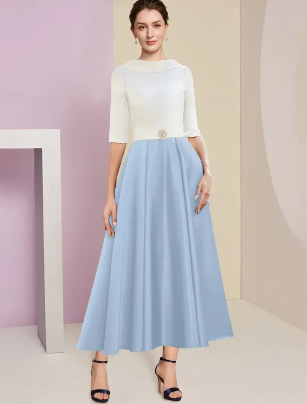 Beach Wedding A-Line Mother of the Bride Dress Wedding Guest Elegant Vintage Jewel Neck Tea Length Charmeuse Half Sleeve with Pleats Crystals free custom size