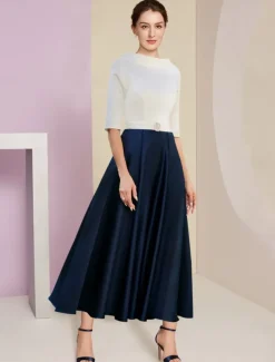 Beach Wedding A-Line Mother of the Bride Dress Wedding Guest Elegant Vintage Jewel Neck Tea Length Charmeuse Half Sleeve with Pleats Crystals free custom size