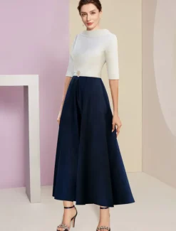 Beach Wedding A-Line Mother of the Bride Dress Wedding Guest Elegant Vintage Jewel Neck Tea Length Charmeuse Half Sleeve with Pleats Crystals free custom size