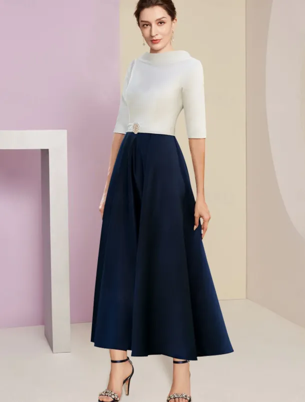 Beach Wedding A-Line Mother of the Bride Dress Wedding Guest Elegant Vintage Jewel Neck Tea Length Charmeuse Half Sleeve with Pleats Crystals free custom size