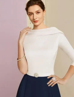 Beach Wedding A-Line Mother of the Bride Dress Wedding Guest Elegant Vintage Jewel Neck Tea Length Charmeuse Half Sleeve with Pleats Crystals free custom size