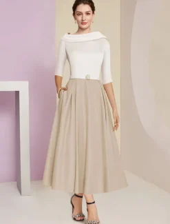 Beach Wedding A-Line Mother of the Bride Dress Wedding Guest Elegant Vintage Jewel Neck Tea Length Charmeuse Half Sleeve with Pleats Crystals free custom size