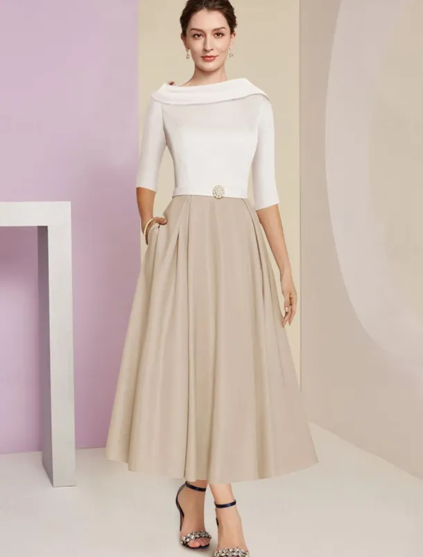 Beach Wedding A-Line Mother of the Bride Dress Wedding Guest Elegant Vintage Jewel Neck Tea Length Charmeuse Half Sleeve with Pleats Crystals free custom size