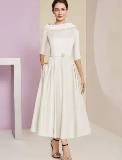 Beach Wedding A-Line Mother of the Bride Dress Wedding Guest Elegant Vintage Jewel Neck Tea Length Charmeuse Half Sleeve with Pleats Crystals free custom size