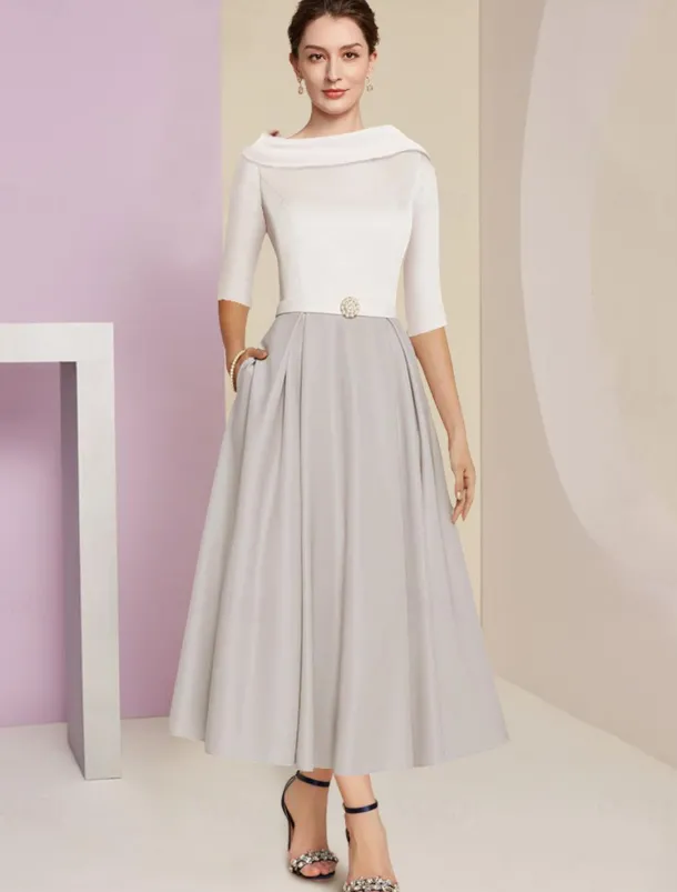 Beach Wedding A-Line Mother of the Bride Dress Wedding Guest Elegant Vintage Jewel Neck Tea Length Charmeuse Half Sleeve with Pleats Crystals free custom size