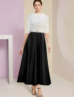 Beach Wedding A-Line Mother of the Bride Dress Wedding Guest Elegant Vintage Jewel Neck Tea Length Charmeuse Half Sleeve with Pleats Crystals free custom size