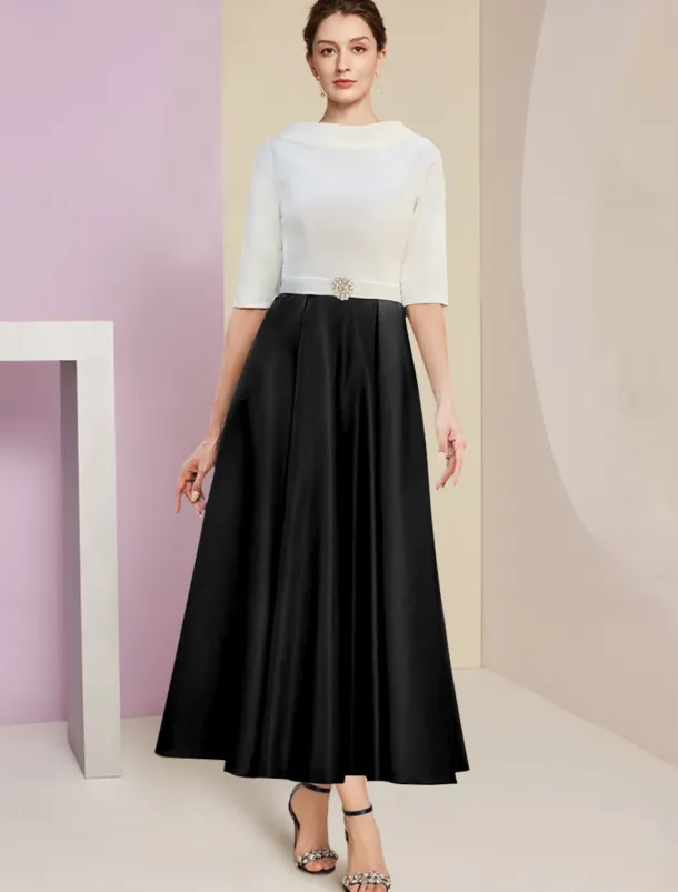 Beach Wedding A-Line Mother of the Bride Dress Wedding Guest Elegant Vintage Jewel Neck Tea Length Charmeuse Half Sleeve with Pleats Crystals free custom size