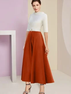 Beach Wedding A-Line Mother of the Bride Dress Wedding Guest Elegant Vintage Jewel Neck Tea Length Charmeuse Half Sleeve with Pleats Crystals free custom size