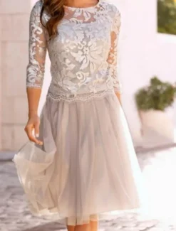 Beach Wedding A-Line Mother of the Bride Dress Wedding Guest Elegant See Through Jewel Neck Knee Length Chiffon Lace Tulle 3/4 Length Sleeve with Pleats Appliques free custom size