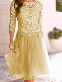 Beach Wedding A-Line Mother of the Bride Dress Wedding Guest Elegant See Through Jewel Neck Knee Length Chiffon Lace Tulle 3/4 Length Sleeve with Pleats Appliques free custom size