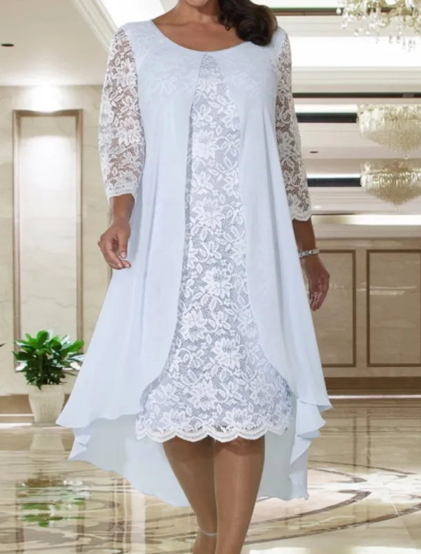 Beach Wedding A-Line Mother of the Bride Dress Wedding Guest Elegant Plus Size Jewel Neck Knee Length Chiffon Lace Long Sleeve with Lace free custom size