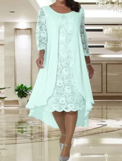 Beach Wedding A-Line Mother of the Bride Dress Wedding Guest Elegant Plus Size Jewel Neck Knee Length Chiffon Lace Long Sleeve with Lace free custom size