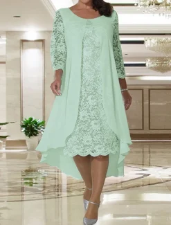 Beach Wedding A-Line Mother of the Bride Dress Wedding Guest Elegant Plus Size Jewel Neck Knee Length Chiffon Lace Long Sleeve with Lace free custom size