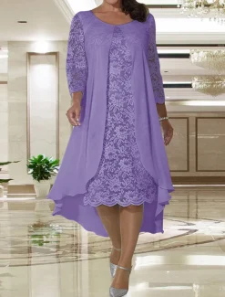 Beach Wedding A-Line Mother of the Bride Dress Wedding Guest Elegant Plus Size Jewel Neck Knee Length Chiffon Lace Long Sleeve with Lace free custom size