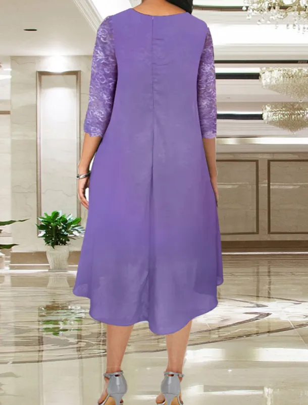 Beach Wedding A-Line Mother of the Bride Dress Wedding Guest Elegant Plus Size Jewel Neck Knee Length Chiffon Lace Long Sleeve with Lace free custom size