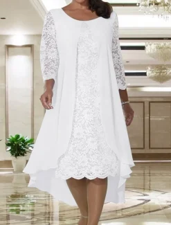 Beach Wedding A-Line Mother of the Bride Dress Wedding Guest Elegant Plus Size Jewel Neck Knee Length Chiffon Lace Long Sleeve with Lace free custom size