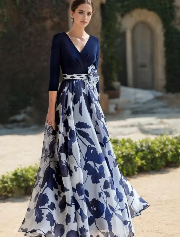 Beach Wedding A-Line Mother of the Bride Dress Formal Wedding Guest Elegant V Neck Floor Length Chiffon 3/4 Length Sleeve with Flower Wedding Guest Dress free custom size