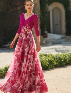 Beach Wedding A-Line Mother of the Bride Dress Formal Wedding Guest Elegant V Neck Floor Length Chiffon 3/4 Length Sleeve with Flower Wedding Guest Dress free custom size