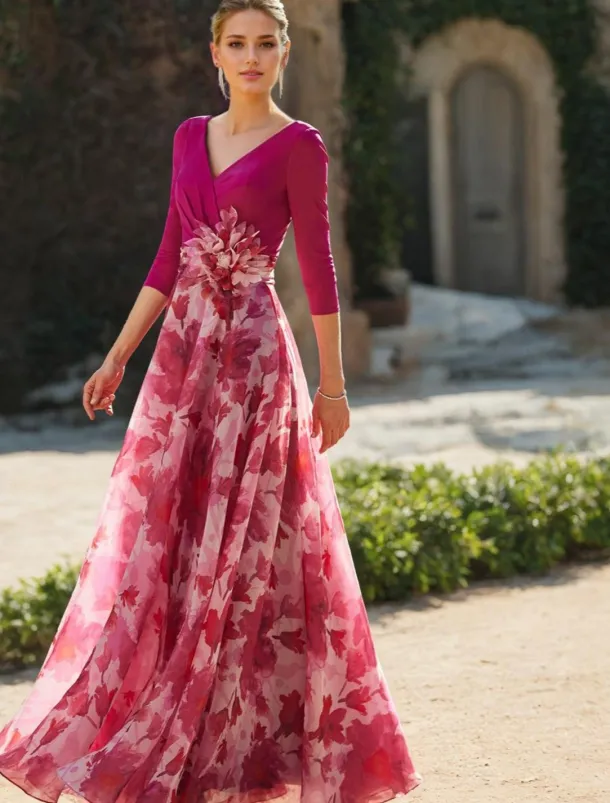 Beach Wedding A-Line Mother of the Bride Dress Formal Wedding Guest Elegant V Neck Floor Length Chiffon 3/4 Length Sleeve with Flower Wedding Guest Dress free custom size