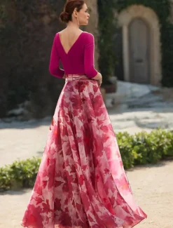 Beach Wedding A-Line Mother of the Bride Dress Formal Wedding Guest Elegant V Neck Floor Length Chiffon 3/4 Length Sleeve with Flower Wedding Guest Dress free custom size