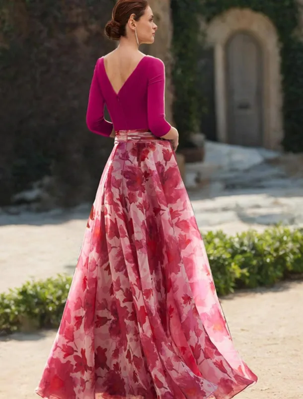 Beach Wedding A-Line Mother of the Bride Dress Formal Wedding Guest Elegant V Neck Floor Length Chiffon 3/4 Length Sleeve with Flower Wedding Guest Dress free custom size