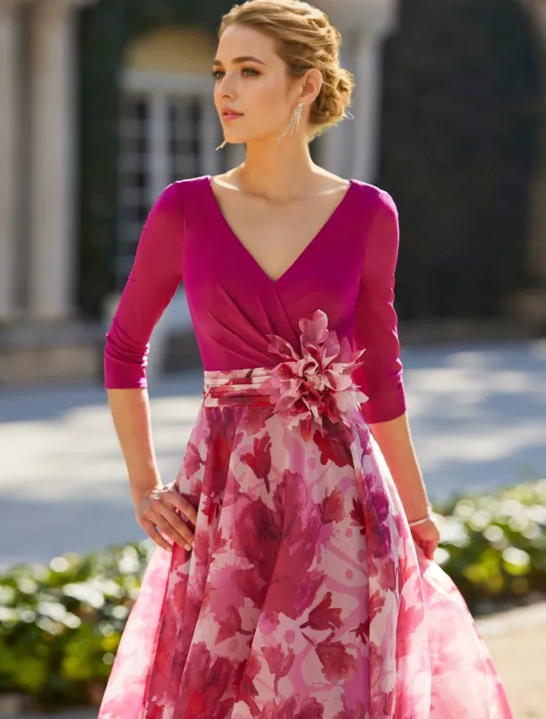 Beach Wedding A-Line Mother of the Bride Dress Formal Wedding Guest Elegant V Neck Floor Length Chiffon 3/4 Length Sleeve with Flower Wedding Guest Dress free custom size