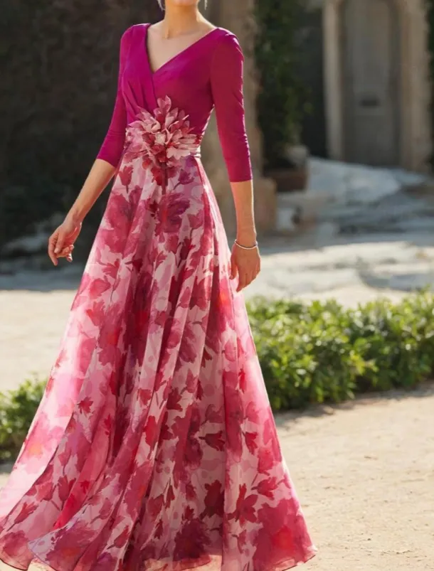 Beach Wedding A-Line Mother of the Bride Dress Formal Wedding Guest Elegant V Neck Floor Length Chiffon 3/4 Length Sleeve with Flower Wedding Guest Dress free custom size